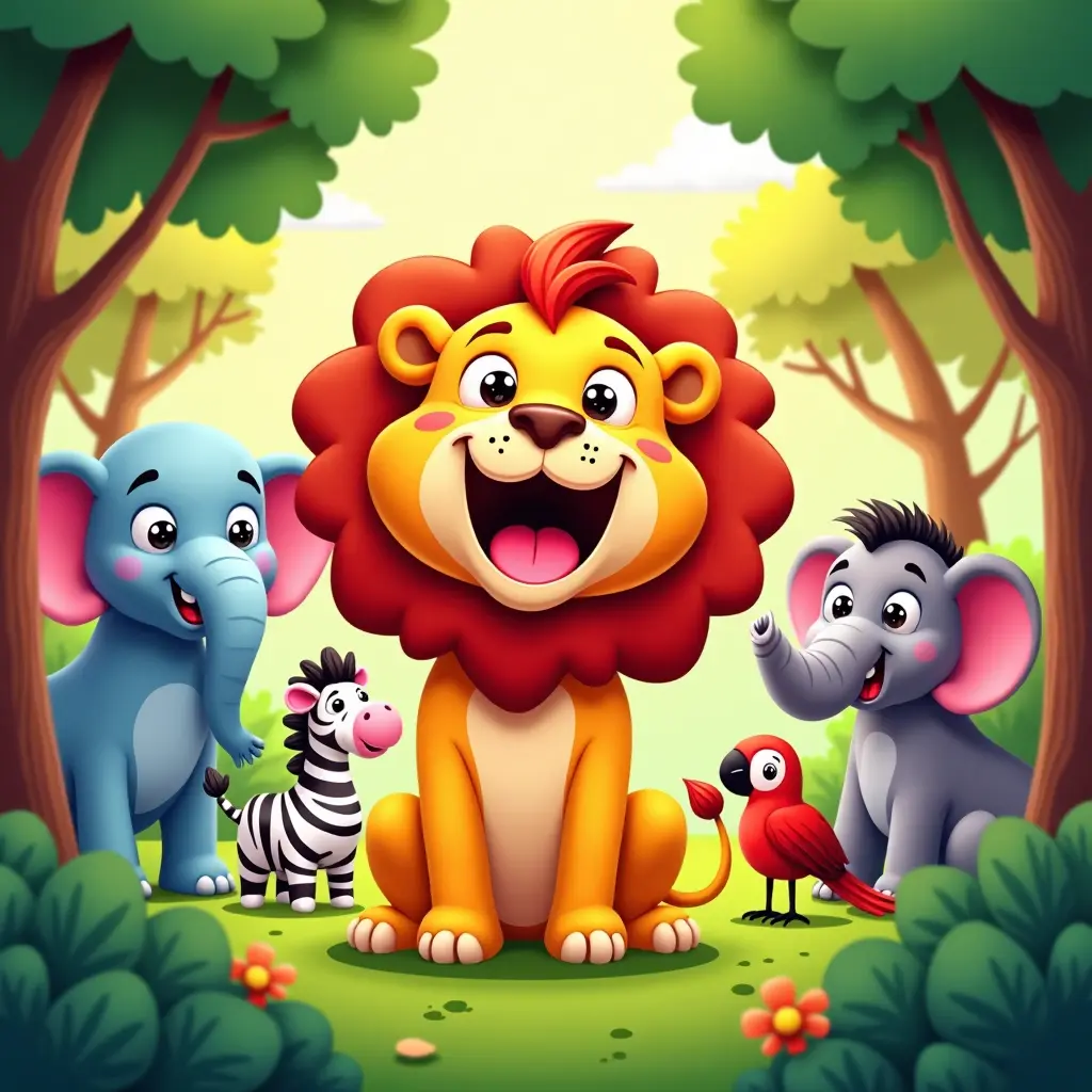 4k, bold, colorful, cartoon style, A children's book page featuring a joyful lion hosting a jungle party with other animals like elephants, zebras, and parrots.